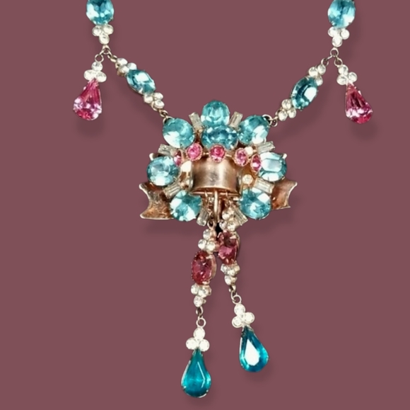 Vintage 1920s Art Deco Couture Rose Gold Aquamarine Crystal Fringe Necklace - Picture 4 of 12